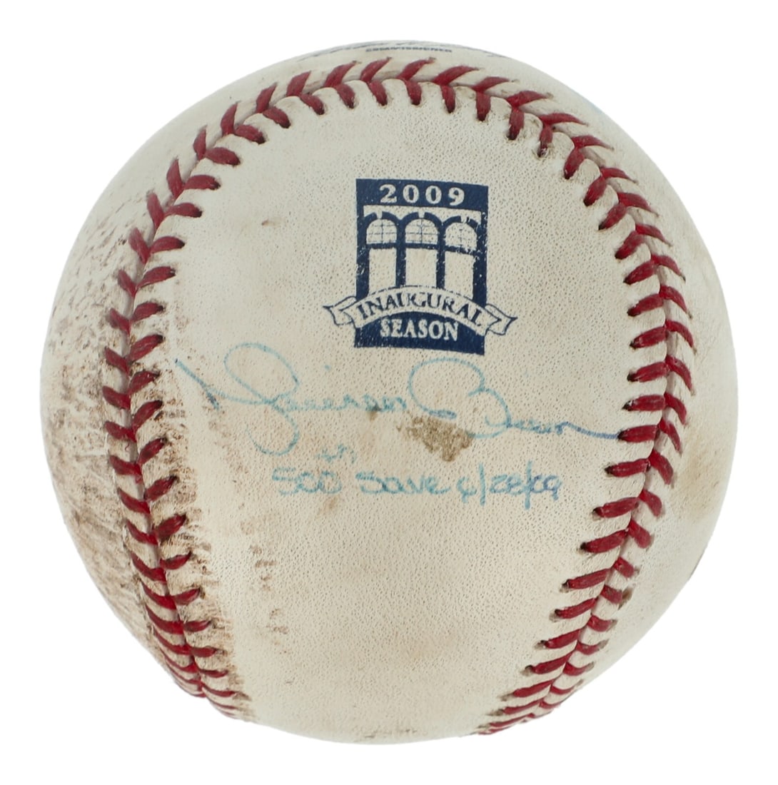 Mariano Rivera 500th Save Signed Game Used Baseball with Steiner COA: Mariano Rivera 500th Save Signed Game Used Baseball with Steiner COA This historic Official Major League baseball commemorates Mariano Rivera's 500th career save, achieved on June 28, 2009, during a g