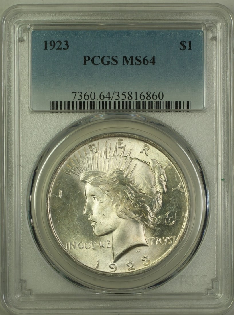 1923 Peace Dollar Silver $1 PCGS MS-64 Philadelphia Mint Certified Coin: 1923 Peace Dollar Silver $1 PCGS MS-64 Philadelphia Mint Certified Coin This 1923 Silver Peace Dollar is certified by PCGS with a grade of MS-64, indicating a very choice brilliant uncirculated condit