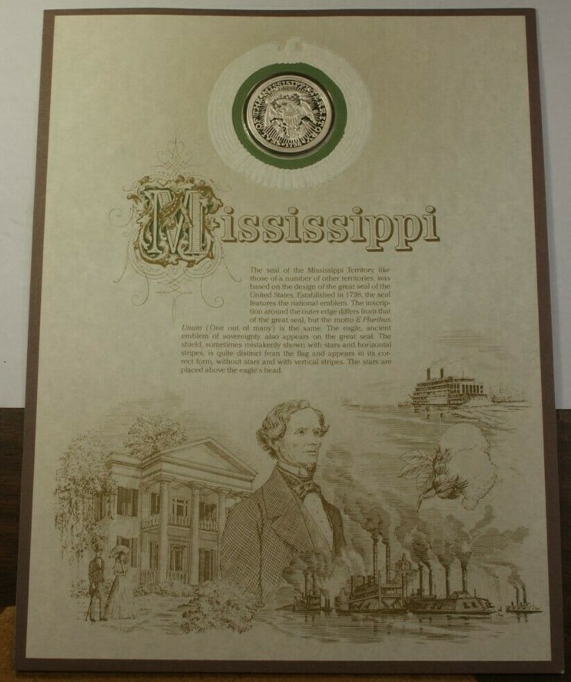 Mississippi Seal Sterling Silver Medal by Franklin Mint: Mississippi Seal Sterling Silver Medal by Franklin Mint This collectible medal from the Franklin Mint Collection features the Seal of the State of Mississippi. Crafted from .925 pure sterling silver,