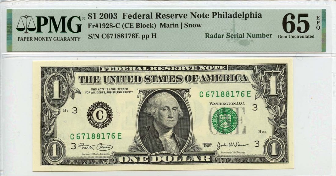 2003 $1 Federal Reserve Note Fr# 1928-C PMG Gem65 EPQ Radar Serial: 2003 $1 Federal Reserve Note Fr# 1928-C PMG Gem65 EPQ Radar Serial This 2003 $1 Federal Reserve Note, series 1928-C, is graded PMG Gem 65 EPQ, indicating it is in uncirculated condition. This note fea