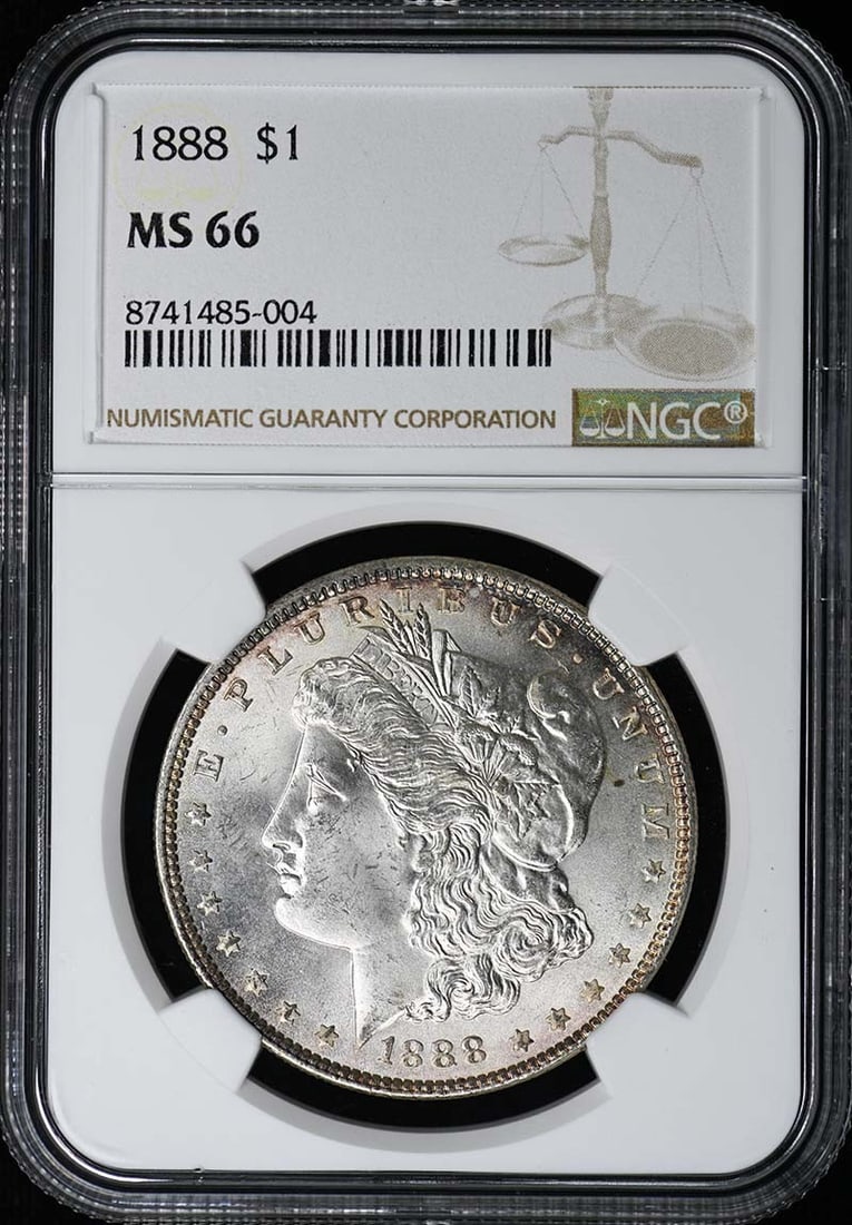 NGC MS66 1888 Philadelphia Morgan Silver Dollar Coin: NGC MS66 1888 Philadelphia Morgan Silver Dollar Coin This 1888 Morgan Dollar is certified by NGC with a grade of MS66, indicating an uncirculated condition. Minted in Philadelphia, this coin is a pre-