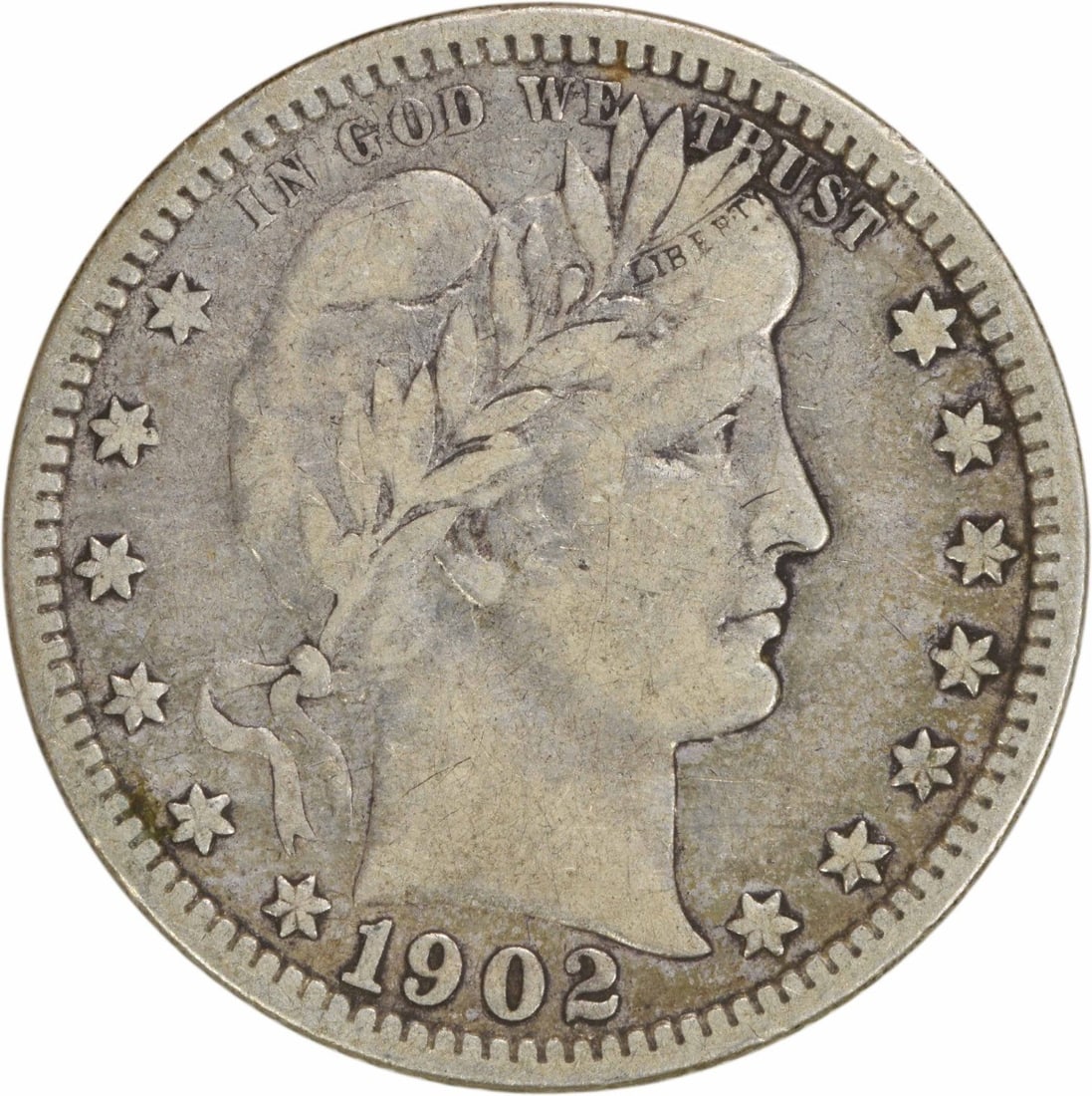 1902-O Barber Quarter 90% Silver Uncertified VF Circulated: 1902-O Barber Quarter 90% Silver Uncertified VF Circulated This 1902-O Barber Silver Quarter is a notable collectible coin from the United States, showcasing a design by Charles E. Barber. The coin is