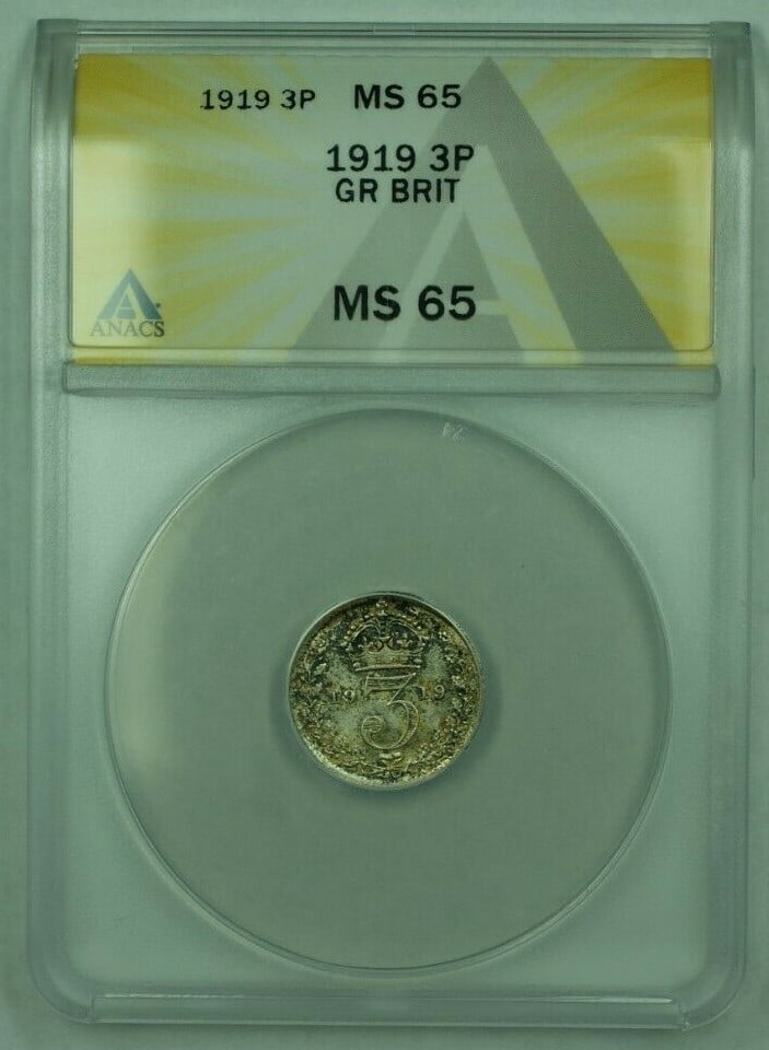 ANACS MS-65 1919 Silver Threepence Coin from United Kingdom: ANACS MS-65 1919 Silver Threepence Coin from United Kingdom This is a 1919 Great Britain 3 pence coin, certified by ANACS with a grade of MS-65. The coin is composed of 0.925 fine silver and remains i