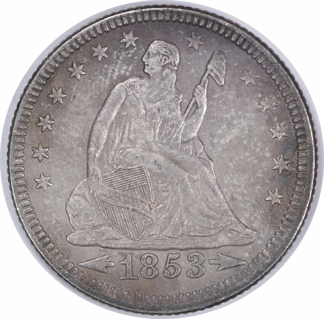 1853 Liberty Seated Quarter Arrows Rays AU Uncertified 90% Silver: 1853 Liberty Seated Quarter Arrows Rays AU Uncertified 90% Silver This 1853 Liberty Seated Quarter features Arrows and Rays, showcasing both historical significance and artistic design. The coin is un