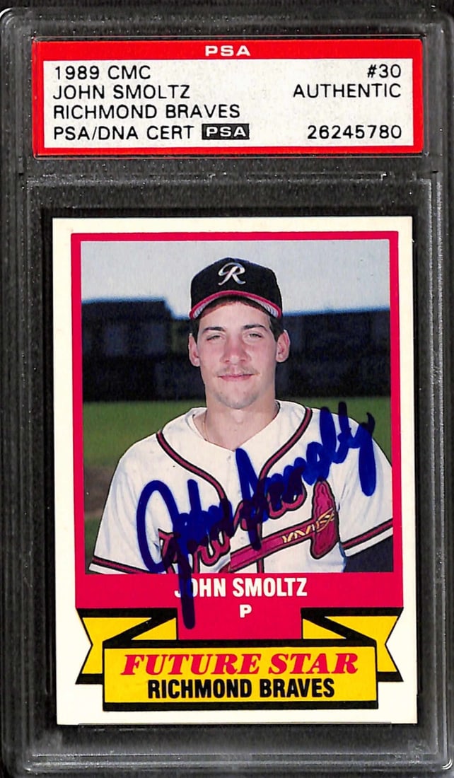 Autographed 1988 CMC AAA All-Stars Rookie Card John Smoltz PSA DNA Authenticated: Autographed 1988 CMC AAA All-Stars Rookie Card John Smoltz PSA DNA Authenticated This is an original 1988 CMC AAA All-Stars #30 rookie card autographed by Atlanta Braves pitcher John Smoltz. The card