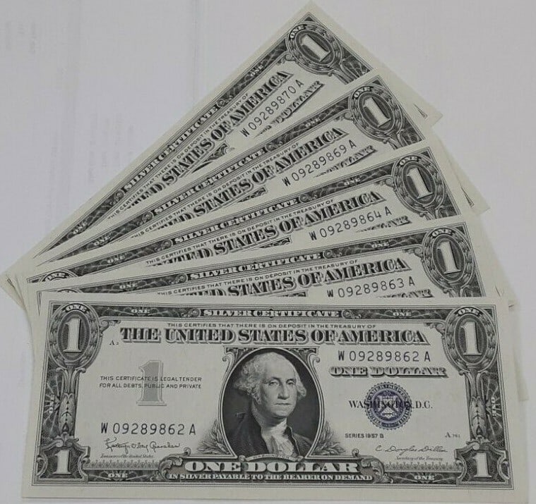 Set of 9 Consecutive 1957-B $1 Silver Certificates Uncirculated US Notes (1 of 2)