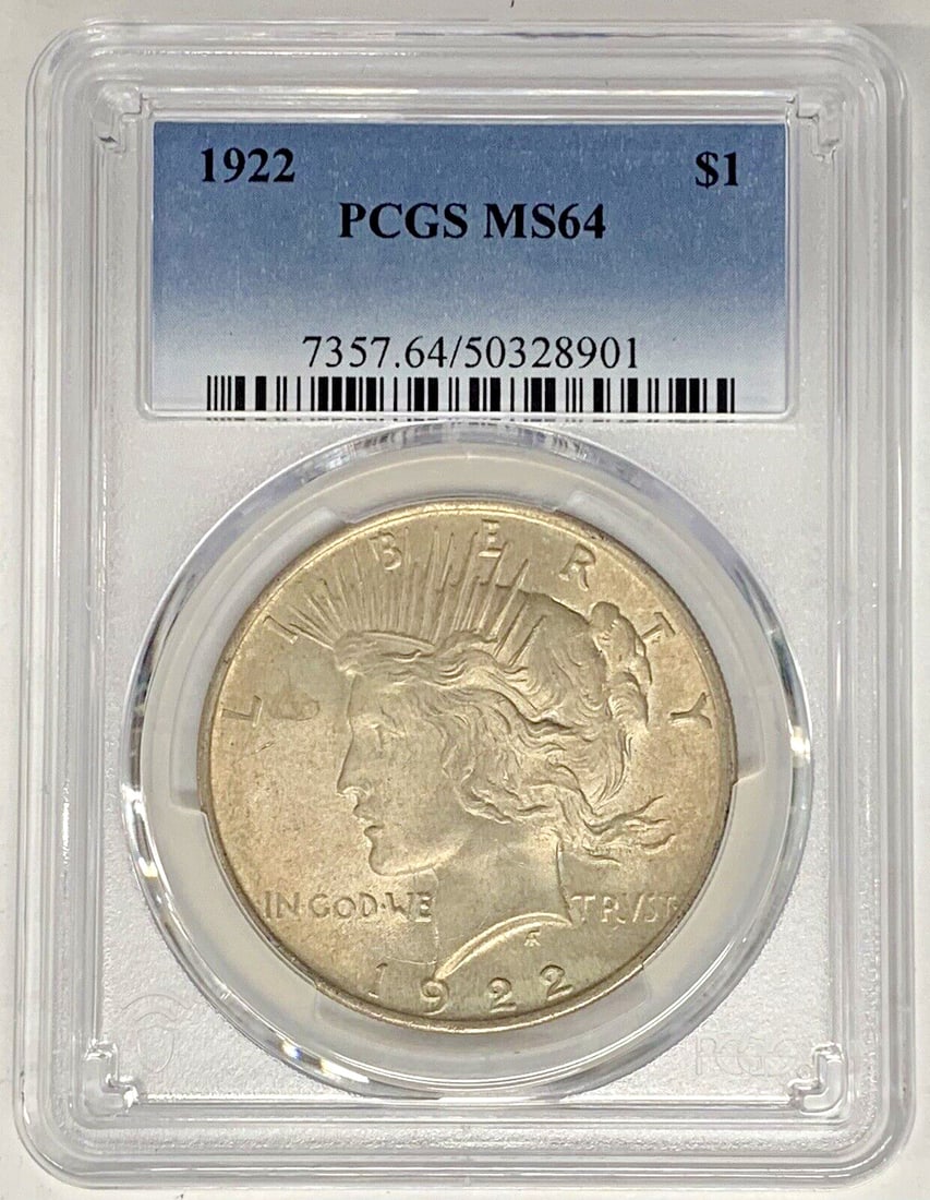 Toned 1922 Peace Dollar Silver Coin PCGS MS 64 Certified: Toned 1922 Peace Dollar Silver Coin PCGS MS 64 Certified This is a 1922 Peace Silver Dollar coin from the United States, featuring a toned finish. The coin is composed of silver and has been certified