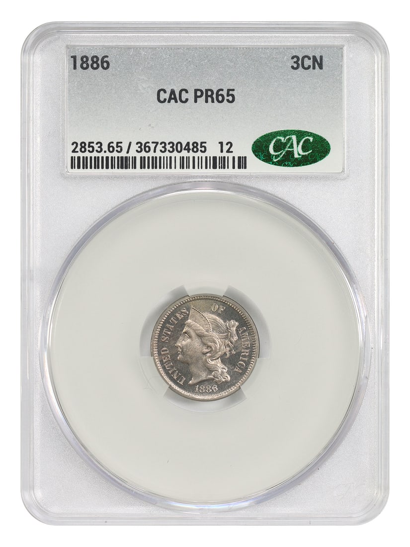 1886 Three Cent Nickel Proof CACG PR65 Certified Coin: 1886 Three Cent Nickel Proof CACG PR65 Certified Coin This 1886 Three Cent Nickel is a proof coin graded PR65 by CACG, indicating a high-quality, uncirculated example. Struck at the Philadelphia Mint