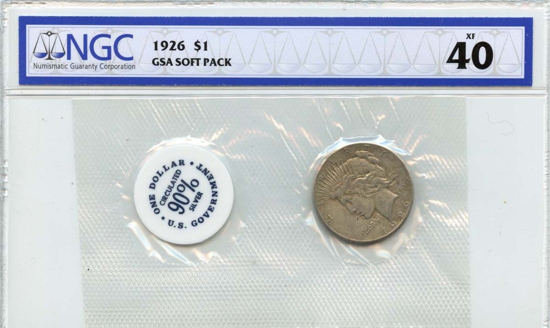 NGC XF40 1926 Peace Dollar Soft Pack from GSA Limited Graded Population: NGC XF40 1926 Peace Dollar Soft Pack from GSA Limited Graded Population This 1926 Peace Dollar from the Philadelphia Mint is presented in a GSA soft pack and graded XF40 by NGC. It is a circulated coi