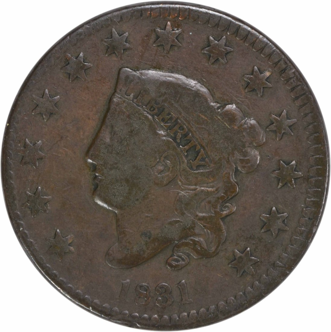 1831 Large Cent Coronet Head Copper Coin Uncertified: 1831 Large Cent Coronet Head Copper Coin Uncertified This 1831 Large Cent features a classic Coronet Head design, crafted from copper. It is a circulated coin, graded as Very Good (VG), and showcases