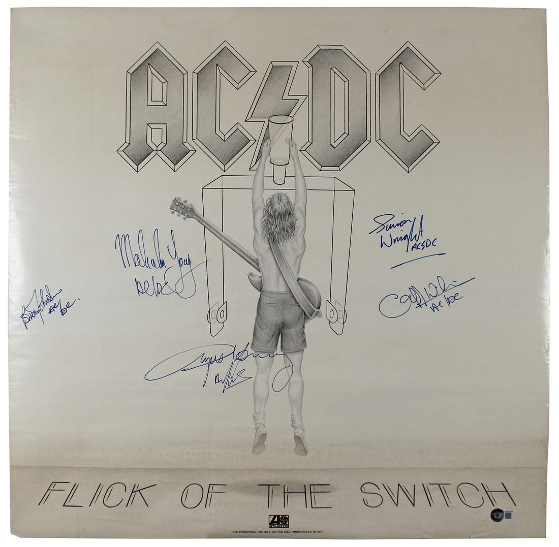 Poster Signed by Angus Young Johnson Wright Malcolm Young Williams Beckett Authenticated: Poster Signed by Angus Young Johnson Wright Malcolm Young Williams Beckett Authenticated This is an original 24x24 inch "Flick of the Switch" poster that has been personally signed by Angus Young, Bri