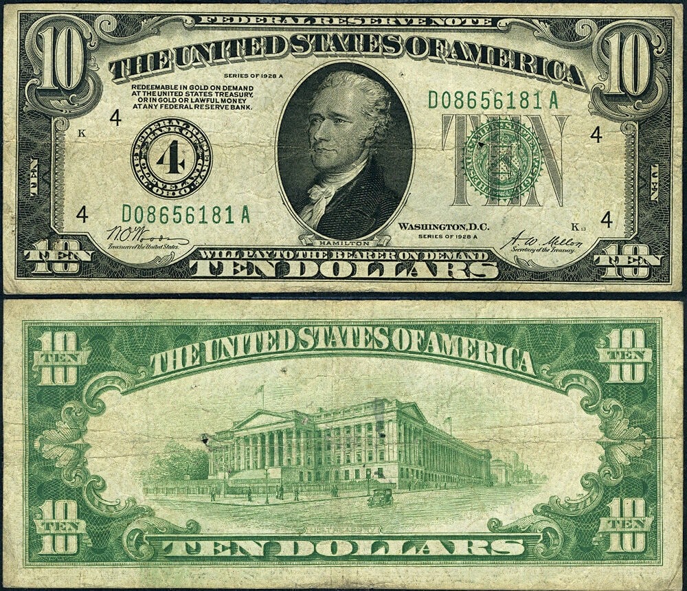 1928-A $10 Federal Reserve Note Cleveland D-A Block FR 2001 D VF Pinholes (1 of 3)