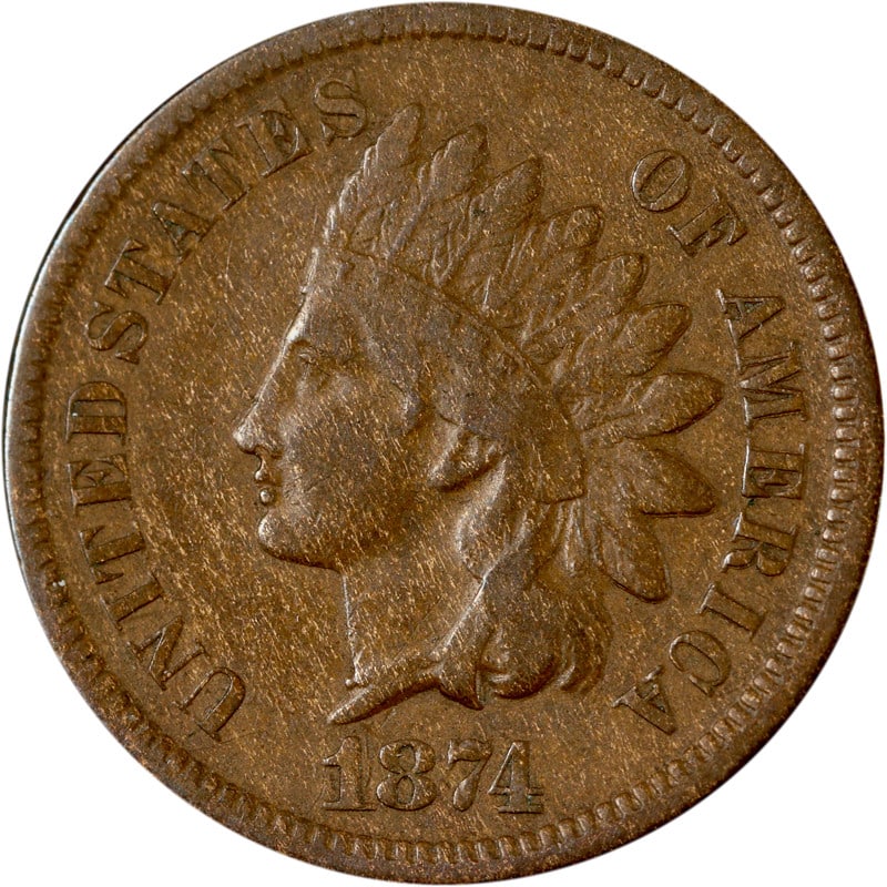 1874 Copper Indian Head Penny from United States: 1874 Copper Indian Head Penny from United States This is a circulated 1874 Indian Cent from the United States, composed of copper. The coin is uncertified and is in pre-owned condition. Specifications