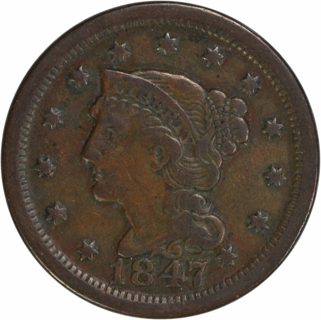1847 Braided Hair Large Cent Copper Coin VF Uncertified: 1847 Braided Hair Large Cent Copper Coin VF Uncertified This 1847 Large Cent features a design by Christian Gobrecht and is made of copper. It has a diameter of 27.50 millimeters and weighs 10.89 gram