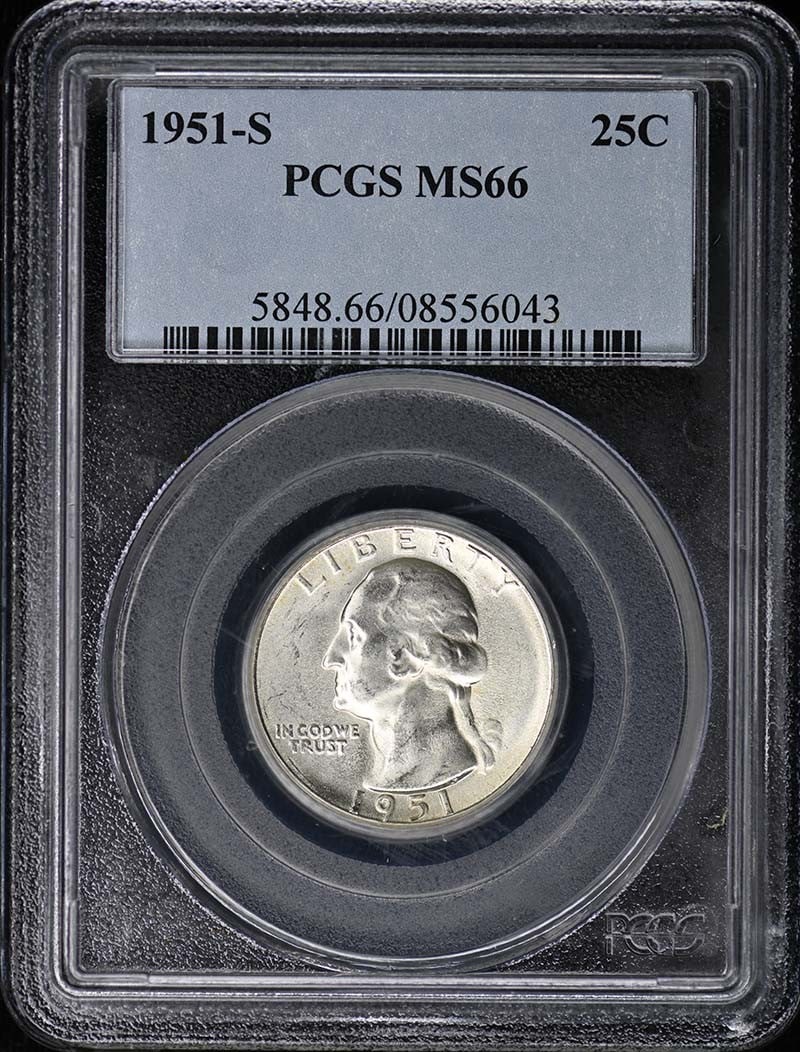 PCGS MS66 1951-S Washington Quarter San Francisco Mint: PCGS MS66 1951-S Washington Quarter San Francisco Mint This is a 1951-S Washington Quarter graded MS66 by PCGS. The coin is uncirculated and was minted in San Francisco. It is a pre-owned collectible
