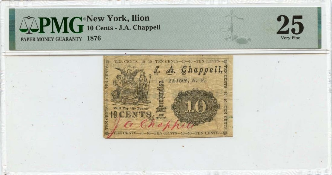 1876 10 Cents Merchant Script Note J.A. Chappell PMG VF25: 1876 10 Cents Merchant Script Note J.A. Chappell PMG VF25 This is a 1876 10 Cents Merchant Script from Ilion, New York, issued by J.A. Chappell. The note is certified by PMG with a grade of VF25, indi
