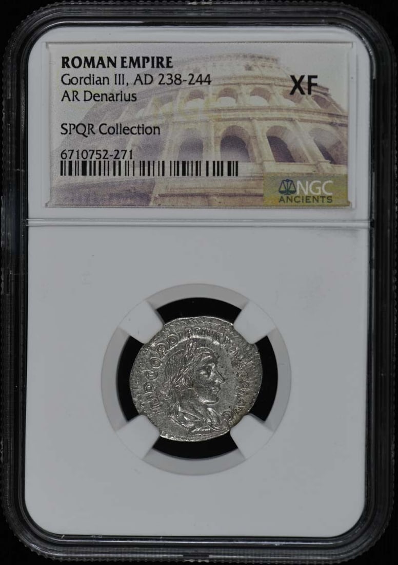 NGC XF40 Denarius of Gordian III Ancient Roman Silver Coin: NGC XF40 Denarius of Gordian III Ancient Roman Silver Coin This is an Ancient Roman AR Denarius coin from the reign of Gordian III, dating from AD 238 to 244. The coin has been certified by NGC with a
