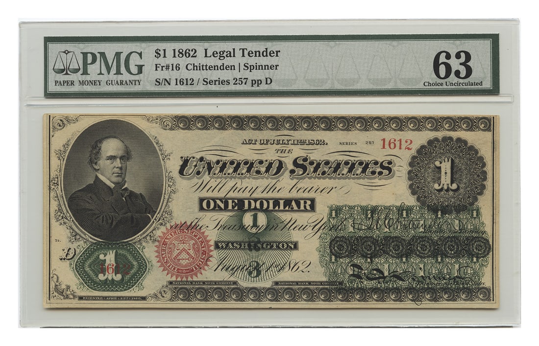 1862 $1 Legal Tender Note PMG 63 Uncirculated Large Size (1 of 2)