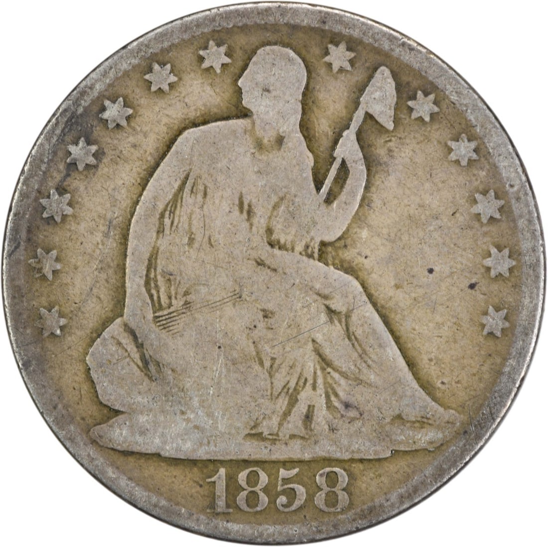 1858-O Liberty Seated Half Dollar 50C Circulated Silver Coin: 1858-O Liberty Seated Half Dollar 50C Circulated Silver Coin This 1858-O Liberty Seated Half Dollar is a remarkable piece of American numismatic history. Minted in New Orleans, it features the iconic