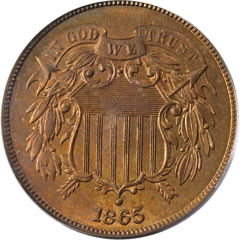 PCGS MS64 RD 1865 Copper Two Cent Plain 5 Coin with Strong Strike (1 of 4)