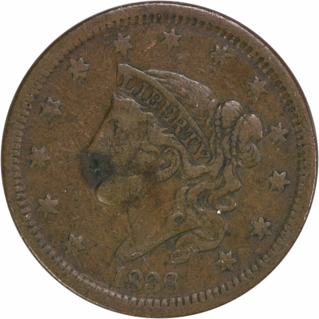 1838 Coronet Head Large Cent VF Uncertified Copper Coin (1 of 2)
