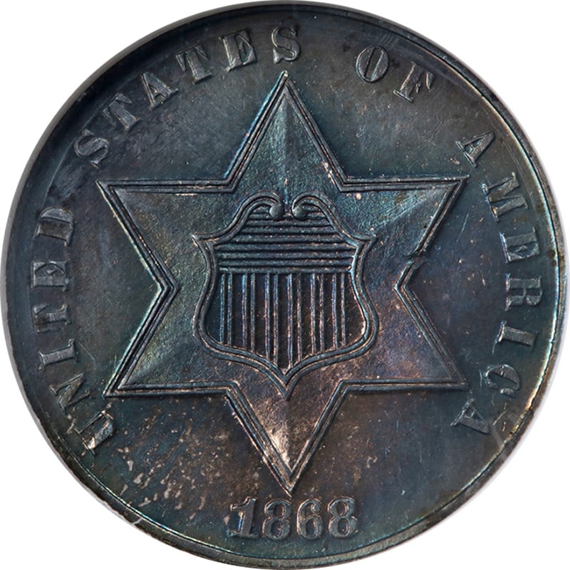 1868 Silver Three Cent Proof Coin NGC PF62 United States: 1868 Silver Three Cent Proof Coin NGC PF62 United States This original 1868 Three Cent Silver Proof coin features attractive eye appeal, strong strike, and lustrous surfaces. Graded PF62 by NGC, it is