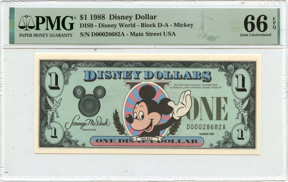 PMG GEM 66 EPQ Disney Dollar 1988 Mickey Mouse Uncirculated: PMG GEM 66 EPQ Disney Dollar 1988 Mickey Mouse Uncirculated This 1988 $1 Disney Dollar features Mickey Mouse and has been certified by PMG as GEM 66 EPQ, indicating a high-quality, uncirculated note.