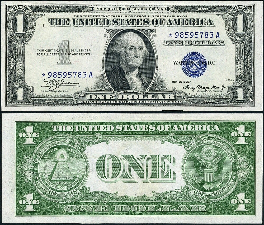 1935-A $1 Silver Certificate Non-Mule Star Note FR. 1608* Choice CU+: 1935-A $1 Silver Certificate Non-Mule Star Note FR. 1608* Choice CU+ This is a FR. 1608* $1 1935-A Silver Certificate featuring a Non-Mule *-A Block. The note is uncirculated and graded as Choice CU+.