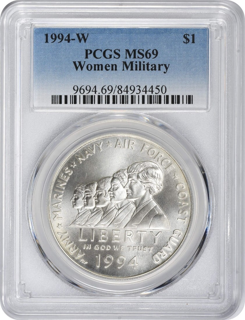 PCGS MS69 1994-W Women in Military Silver Commemorative Dollar Coin: PCGS MS69 1994-W Women in Military Silver Commemorative Dollar Coin This 1994-W Women in Military Silver Commemorative Dollar is a United States coin graded Mint State 69 by PCGS. Crafted in silver, t