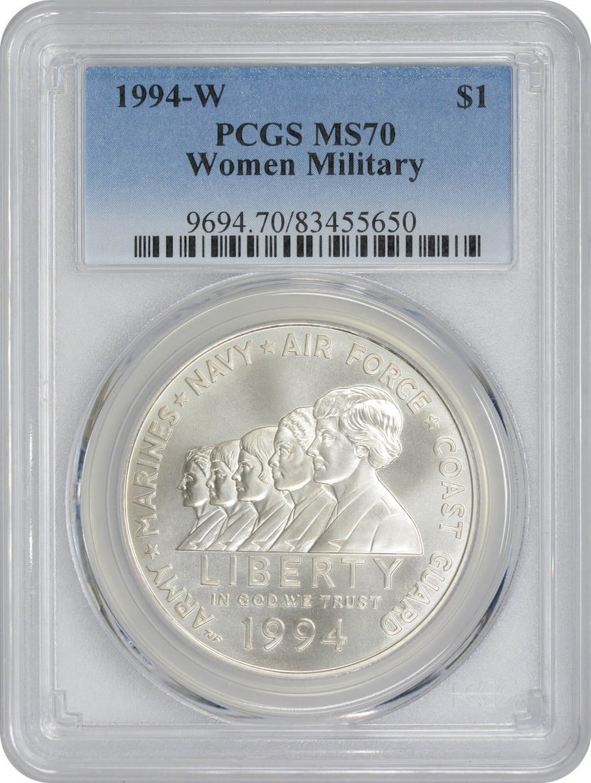 1994-W Women in Military Silver Dollar MS70 PCGS Commemorative Coin: 1994-W Women in Military Silver Dollar MS70 PCGS Commemorative Coin This 1994-W Women in Military Silver Commemorative Dollar is a remarkable piece, graded MS70 by PCGS, showcasing its pristine uncirc