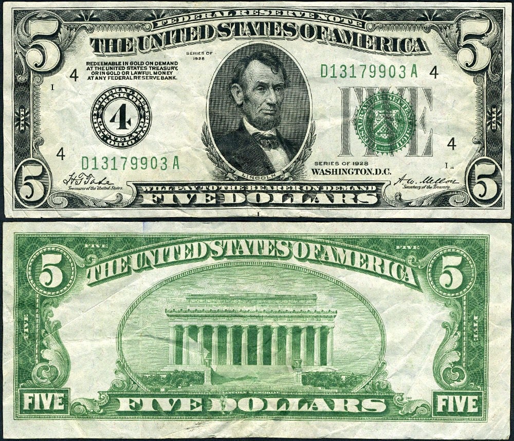 1928 $5 Federal Reserve Note Cleveland D-A Block VF+: 1928 $5 Federal Reserve Note Cleveland D-A Block VF+ This is a $5 Federal Reserve Note from 1928, featuring the Cleveland D-A block. The note is classified as circulated and has been graded as Very Fi