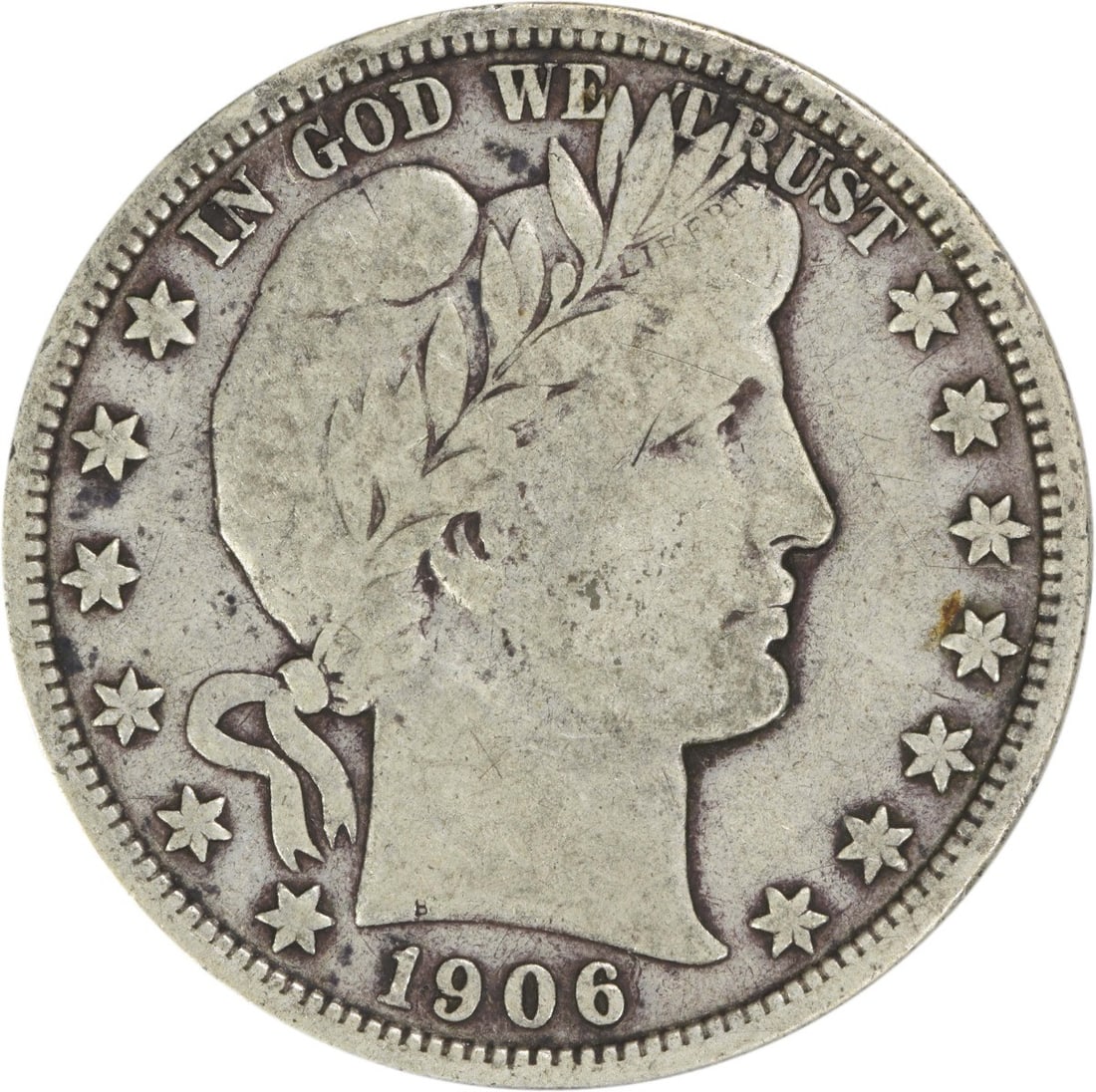 Barber Half Dollar 1906 Denver Mint Fine Condition Uncertified 90 Percent Silver: Barber Half Dollar 1906 Denver Mint Fine Condition Uncertified 90 Percent Silver This 1906-D Barber Silver Half Dollar is a circulated coin from the United States, minted in Denver. Designed by Charle