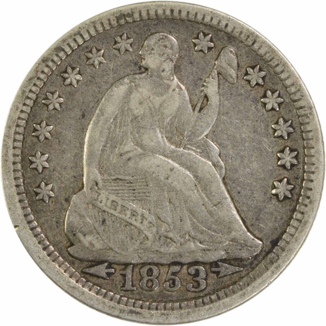 1853 Liberty Seated Half Dime 90% Silver Uncertified: 1853 Liberty Seated Half Dime 90% Silver Uncertified This 1853 Liberty Seated Silver Half Dime features a classic design by Christian Gobrecht. Struck in Philadelphia, this circulated coin showcases t