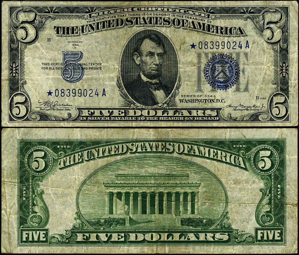 1934-A $5 Silver Certificate Non-Mule Star Note *-A Block VF (1 of 3)