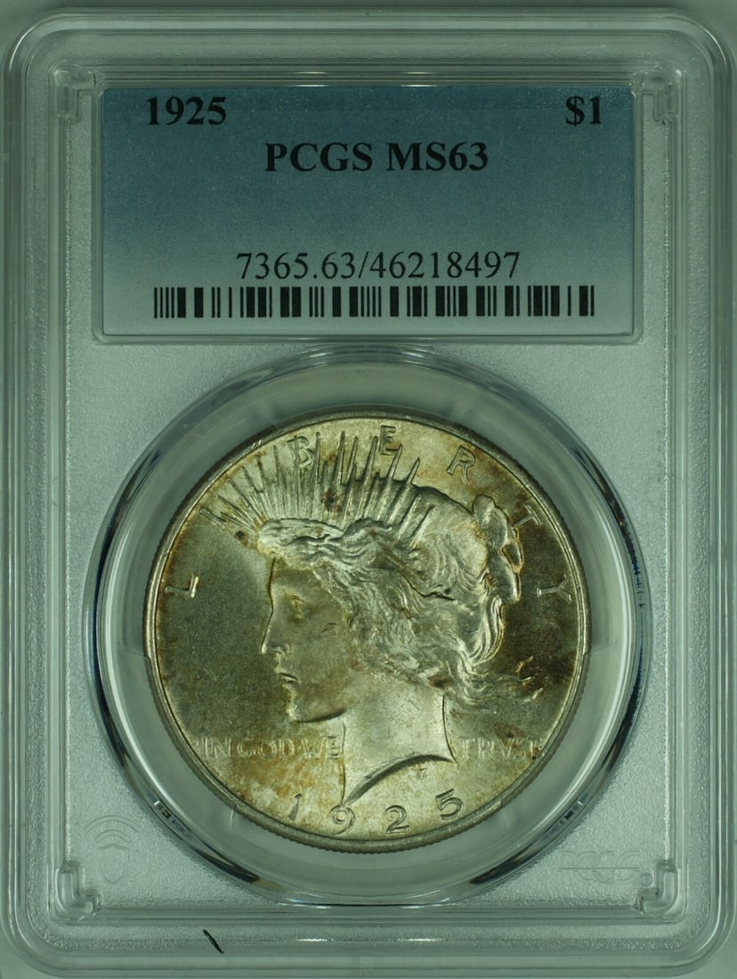PCGS MS63 1925 Peace Silver Dollar With Toning Certified Uncirculated: PCGS MS63 1925 Peace Silver Dollar With Toning Certified Uncirculated This 1925 Peace Silver Dollar is an uncirculated $1 coin from the United States, graded MS-63 by PCGS. Featuring natural toning, i