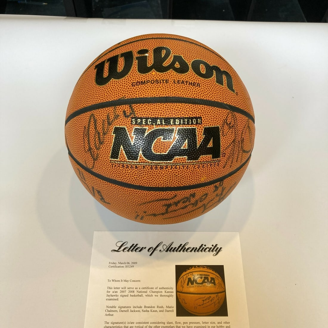 2007-08 Kansas Jayhawks Team Signed Basketball with 13 Signatures PSA/DNA Certified: 2007-08 Kansas Jayhawks Team Signed Basketball with 13 Signatures PSA/DNA Certified Celebrate the legacy of the 2007-08 NCAA Champions with this authentic Kansas Jayhawks team-signed basketball. Featu