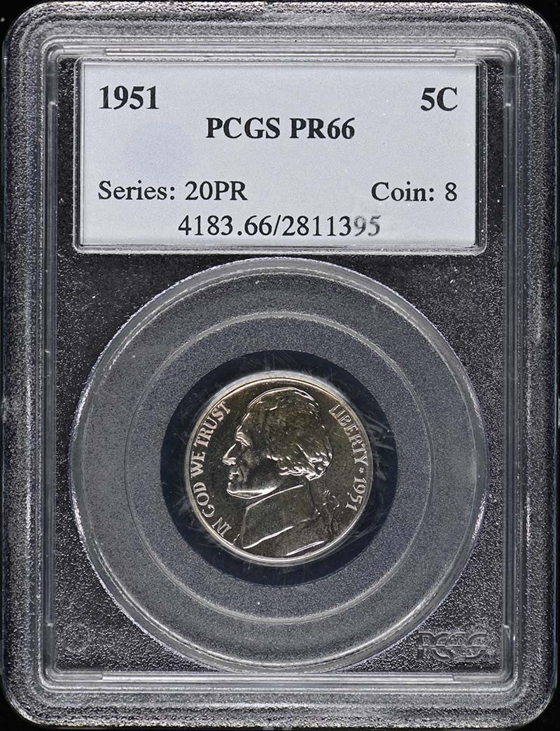1951 Jefferson Nickel PCGS PR66 Uncirculated Philadelphia Mint: 1951 Jefferson Nickel PCGS PR66 Uncirculated Philadelphia Mint This 1951 Jefferson Nickel is a remarkable piece, certified by PCGS with a grade of PR66, indicating its exceptional quality. Struck as a
