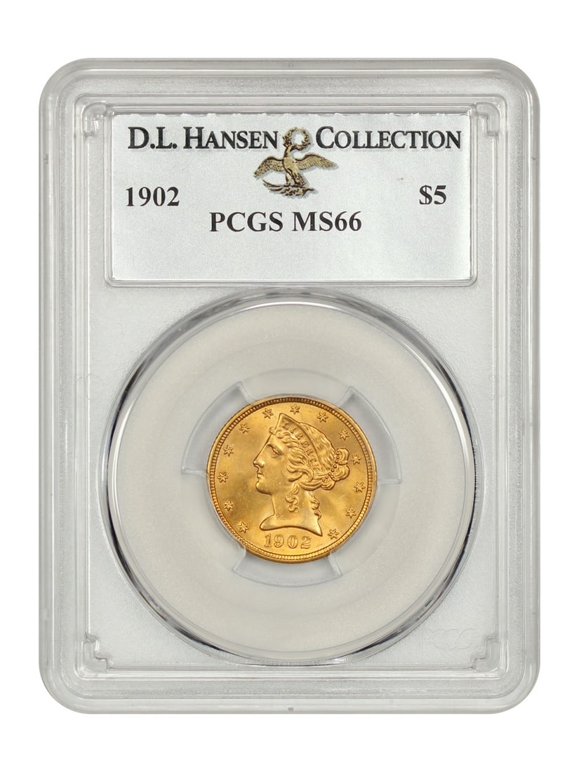 1902 Liberty Head $5 Gold Coin PCGS MS66 Ex D.L. Hansen: 1902 Liberty Head $5 Gold Coin PCGS MS66 Ex D.L. Hansen This 1902 $5 Liberty Head gold coin is certified by PCGS with a remarkable grade of MS66. Mintage for this year was limited, with only 172,400 c