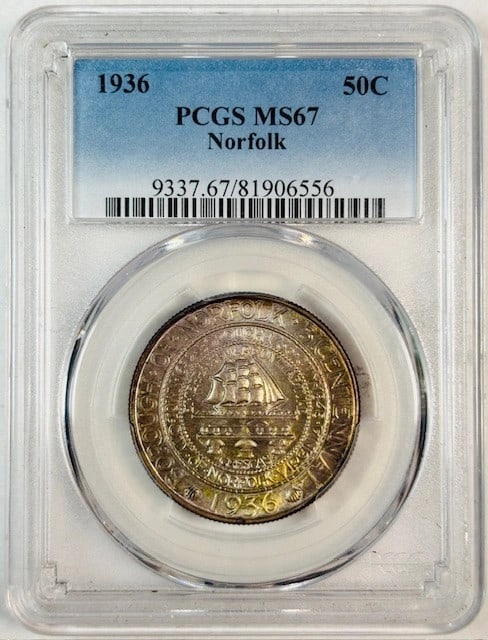 Norfolk Virginia 1936 Silver Commemorative Dollar PCGS MS67: Norfolk Virginia 1936 Silver Commemorative Dollar PCGS MS67 This 1936 Classic Commemorative coin celebrates the bicentennial of Norfolk, Virginia. Graded MS-67 by PCGS, this uncirculated silver dollar