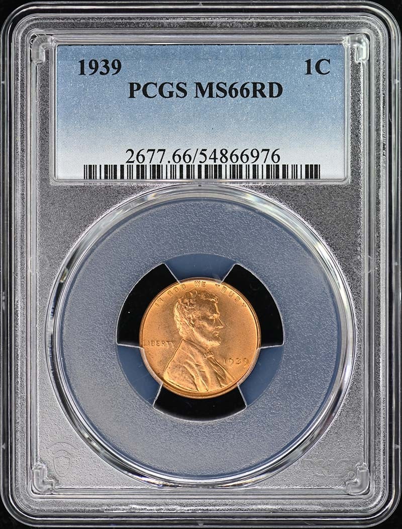 1939 Lincoln Cent Type 1 Wheat Reverse PCGS MS66RD Uncirculated: 1939 Lincoln Cent Type 1 Wheat Reverse PCGS MS66RD Uncirculated This stunning 1939 Lincoln Cent showcases a Type 1 Wheat Reverse design, certified by PCGS with a remarkable grade of MS66RD, indicating