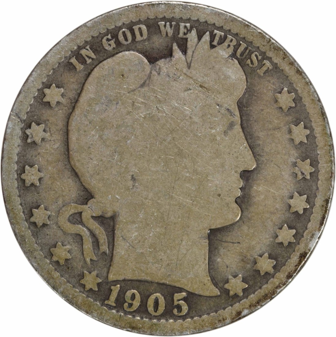 1905-O Barber Silver Quarter 25C Circulated Uncertified: 1905-O Barber Silver Quarter 25C Circulated Uncertified This 1905-O Barber Silver Quarter is a beautifully crafted piece of history from the United States, featuring the iconic design by Charles E. Ba