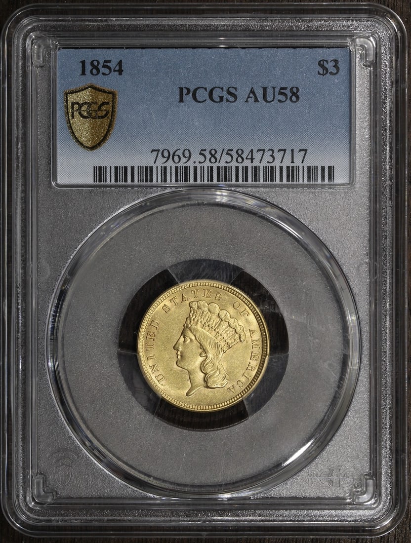 1854 Three Dollar Gold Coin AU58 Certified by PCGS (1 of 3)