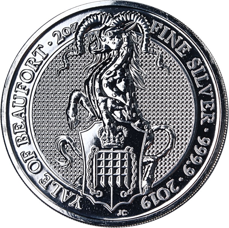 Yale of Beaufort 2019 UK 2oz Silver Coin .999 Queen's Beast Series: Yale of Beaufort 2019 UK 2oz Silver Coin .999 Queen's Beast Series This 2019 Great Britain 2 Ounce Silver Queen's Beast Yale of Beaufort coin features .999 fine silver and is presented in uncirculated