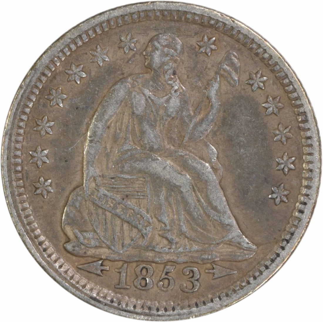 1853 Liberty Seated Half Dime 90% Silver Uncertified EF: 1853 Liberty Seated Half Dime 90% Silver Uncertified EF This 1853 Liberty Seated Silver Half Dime is a remarkable piece of American numismatic history. Struck in Philadelphia, this coin features a bea