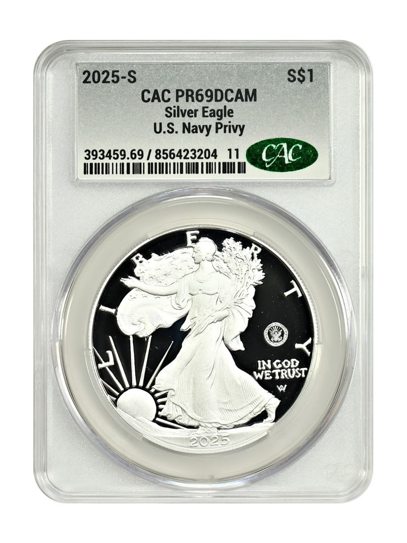 2025 Silver Eagle Proof Dollar Navy Privy CACG PR69DCAM San Francisco: 2025 Silver Eagle Proof Dollar Navy Privy CACG PR69DCAM San Francisco This 2025 $1 Silver Eagle coin features the U.S. Navy Privy Mark on the right obverse field and is certified by CACG with a PR69 D