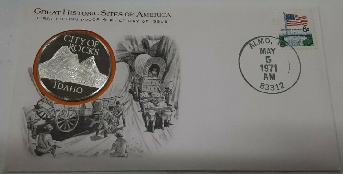 Proof Sterling Silver City of Rocks Idaho Medal in First Day Cover 1971: Proof Sterling Silver City of Rocks Idaho Medal in First Day Cover 1971 This limited edition 1971 City of Rocks, Idaho Great Historic Sites medal by Franklin Mint features a proof sterling silver meda