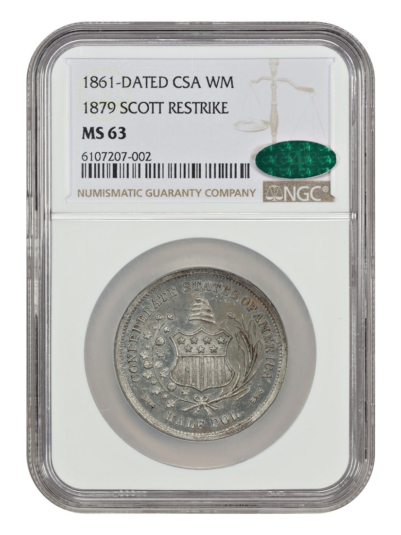 CSA Confederate 1861 Half Dollar Scott Restrike NGC CAC MS63 Graded Medal: CSA Confederate 1861 Half Dollar Scott Restrike NGC CAC MS63 Graded Medal This is a rare restrike of the Confederate States of America half dollar, originally dated 1861 and produced around 1879 by Sc