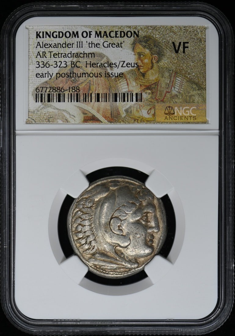 NGC VF20 Ancient Greek AR Tetradrachm Coin Alexander III Macedon: NGC VF20 Ancient Greek AR Tetradrachm Coin Alexander III Macedon This is an ancient Greek AR Tetradrachm coin from the Kingdom of Macedon, issued under Alexander III 'the Great.' The coin has been cer