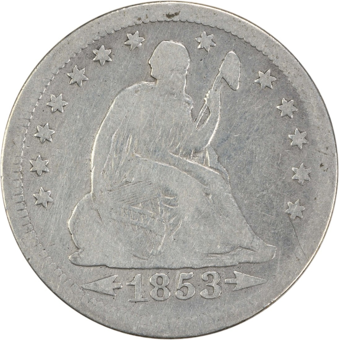 1853 Liberty Seated Quarter 25C Arrows Rays 90% Silver Uncertified: 1853 Liberty Seated Quarter 25C Arrows Rays 90% Silver Uncertified This 1853 Liberty Seated Quarter features the Arrows and Rays design, a notable piece of American numismatic history. Struck in Phila