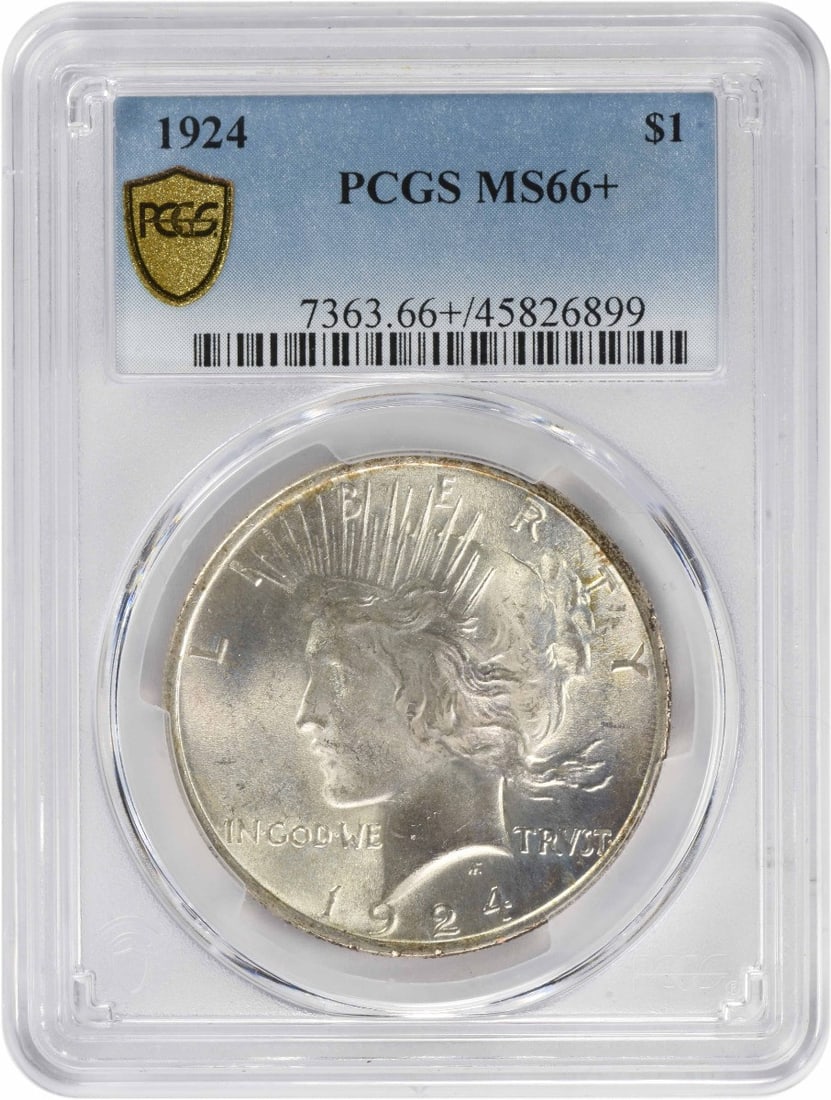 1924 Peace Silver Dollar MS66 PCGS Coin by Anthony de Francisci: 1924 Peace Silver Dollar MS66 PCGS Coin by Anthony de Francisci This 1924 Peace Silver Dollar is a remarkable collectible coin, graded MS66+ by PCGS, showcasing its exceptional quality and detail. Str